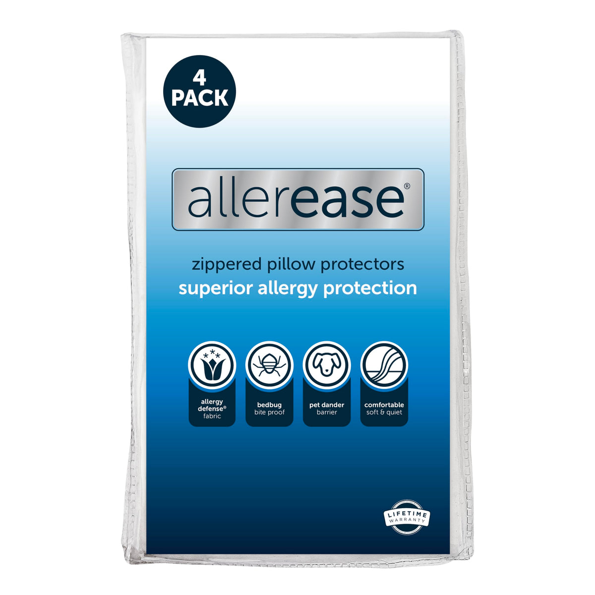 Aller-Ease king pillow protectors 4-pack shown with zippered closure for durable pillow protection.