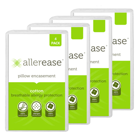 AllerEase pillow protector with zipper closeup, breathable cotton protecting pillow from allergens.