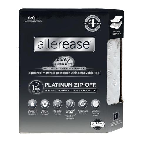 Aller-Ease Platinum zip-off top mattress protector showing 360-degree zipper for easy installation