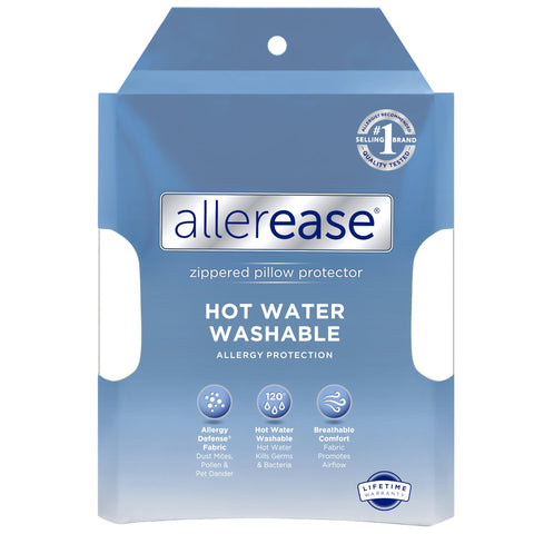 AllerEase hot-water washable pillow protector closeup with breathable fabric blocking dust and allergens