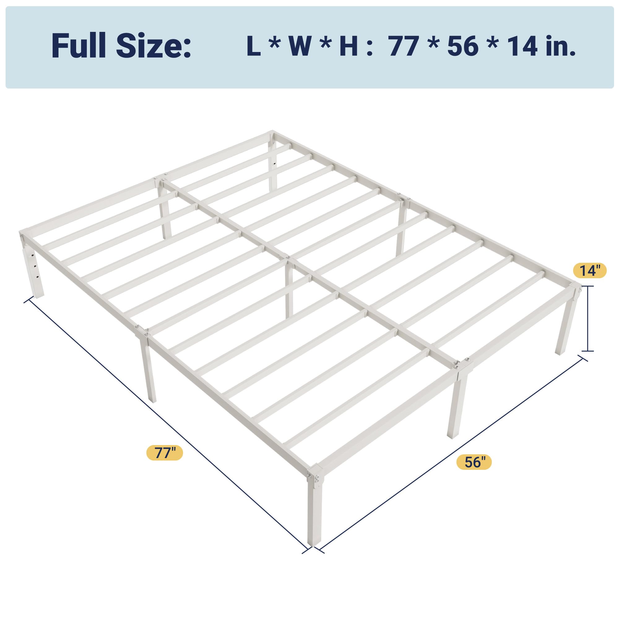 Allewie metal bed frame with central leg reinforcement for stability.