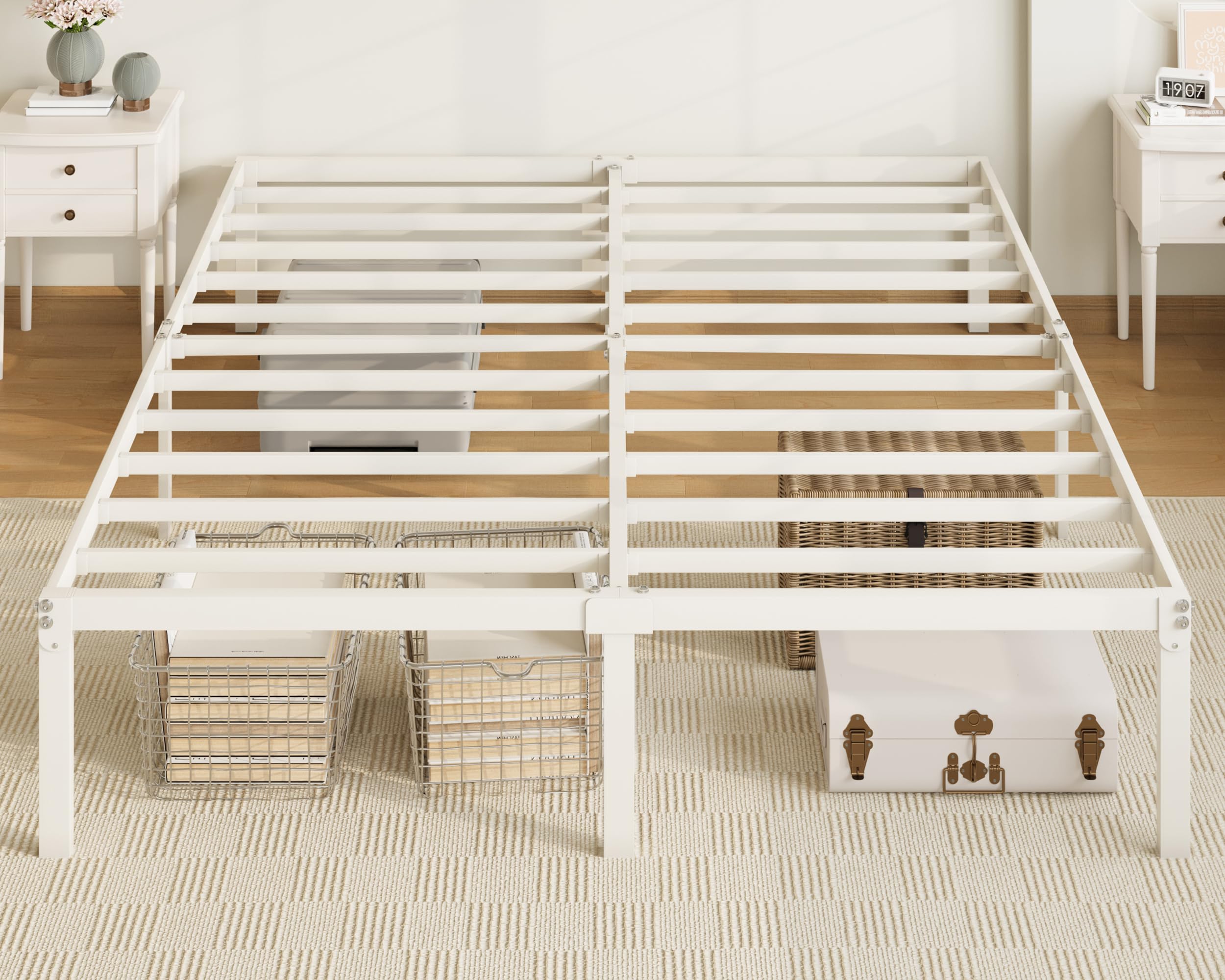 Allewie full-size bed frame with under-bed storage in white finish.
