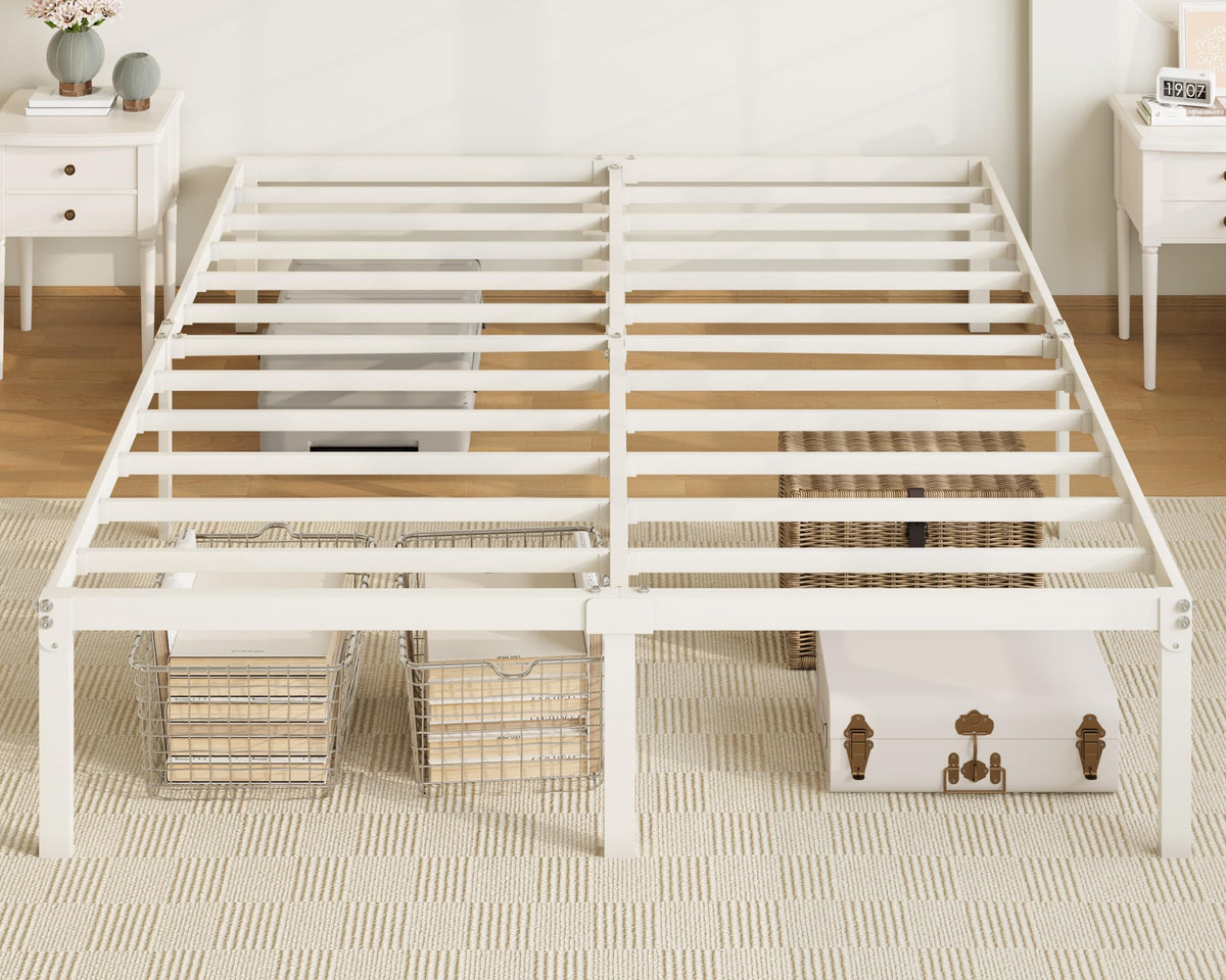 Allewie full-size bed frame with under-bed storage in white finish.