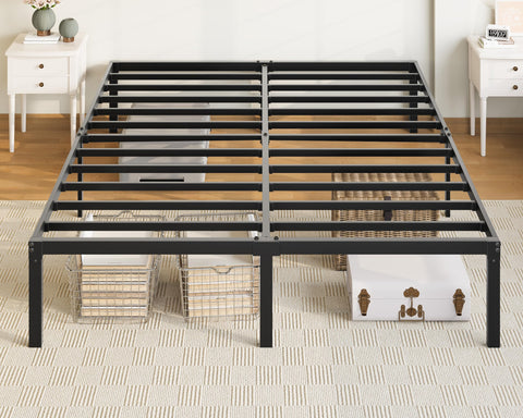 Allewie full size bed frame shows sturdy metal construction with central legs for quiet support.