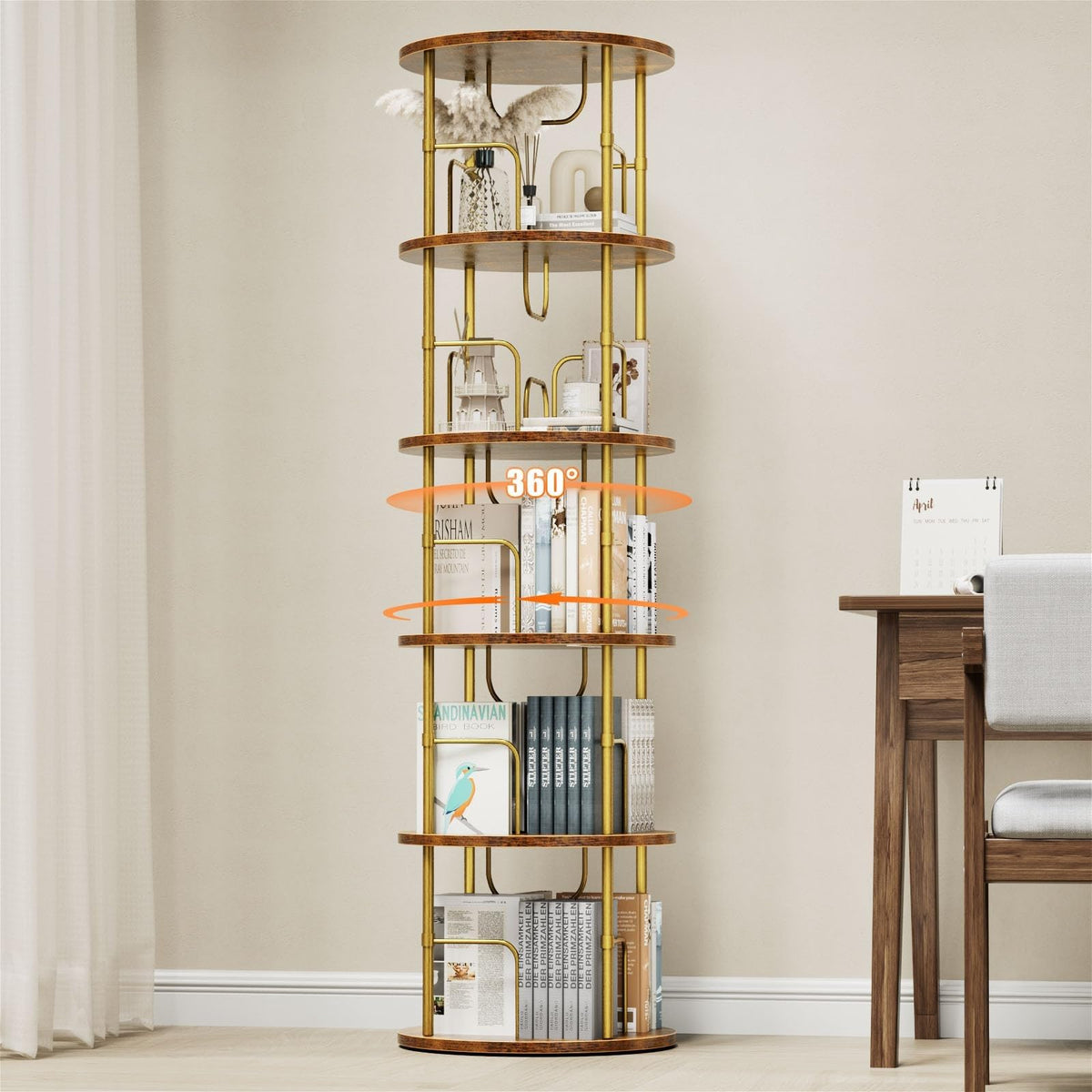 ALLSTAND 5-Tier Rotating Bookshelf with gold finish offers stylish, accessible storage.