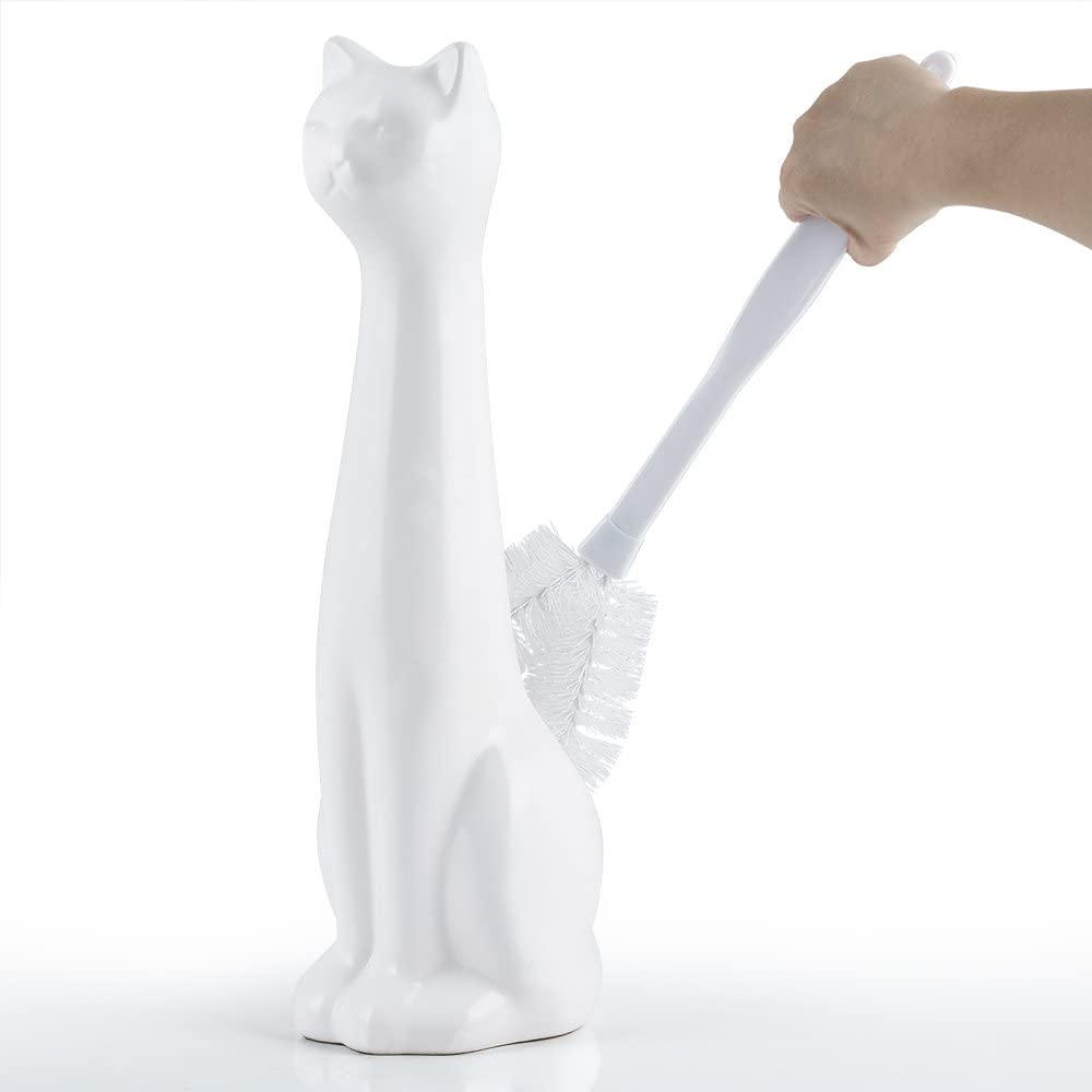 Allure Home Creation white cat toilet brush holder keeps bathroom tidy.
