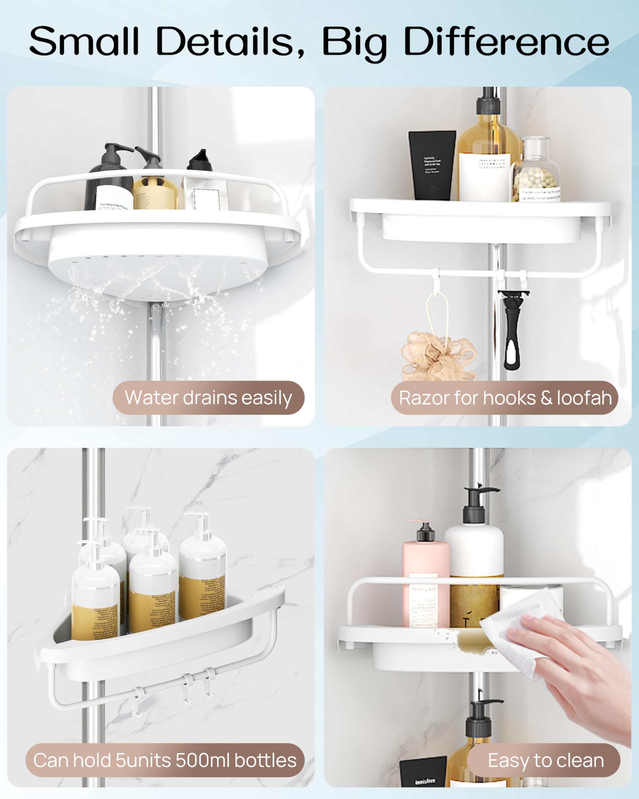 ALLZONE Adjustable-height shower caddy adapts from 34 to 116 inches for tall showers