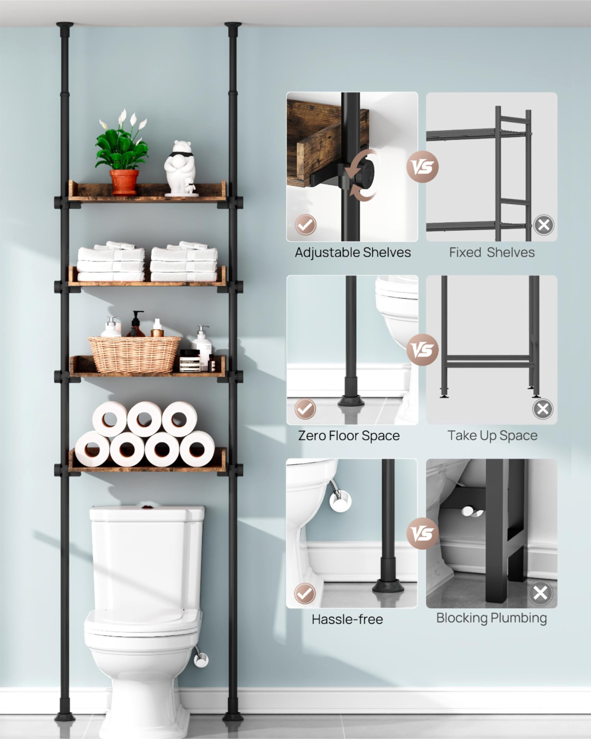 ALLZONE adjustable-height shelves maximize vertical storage for towels and toiletries.
