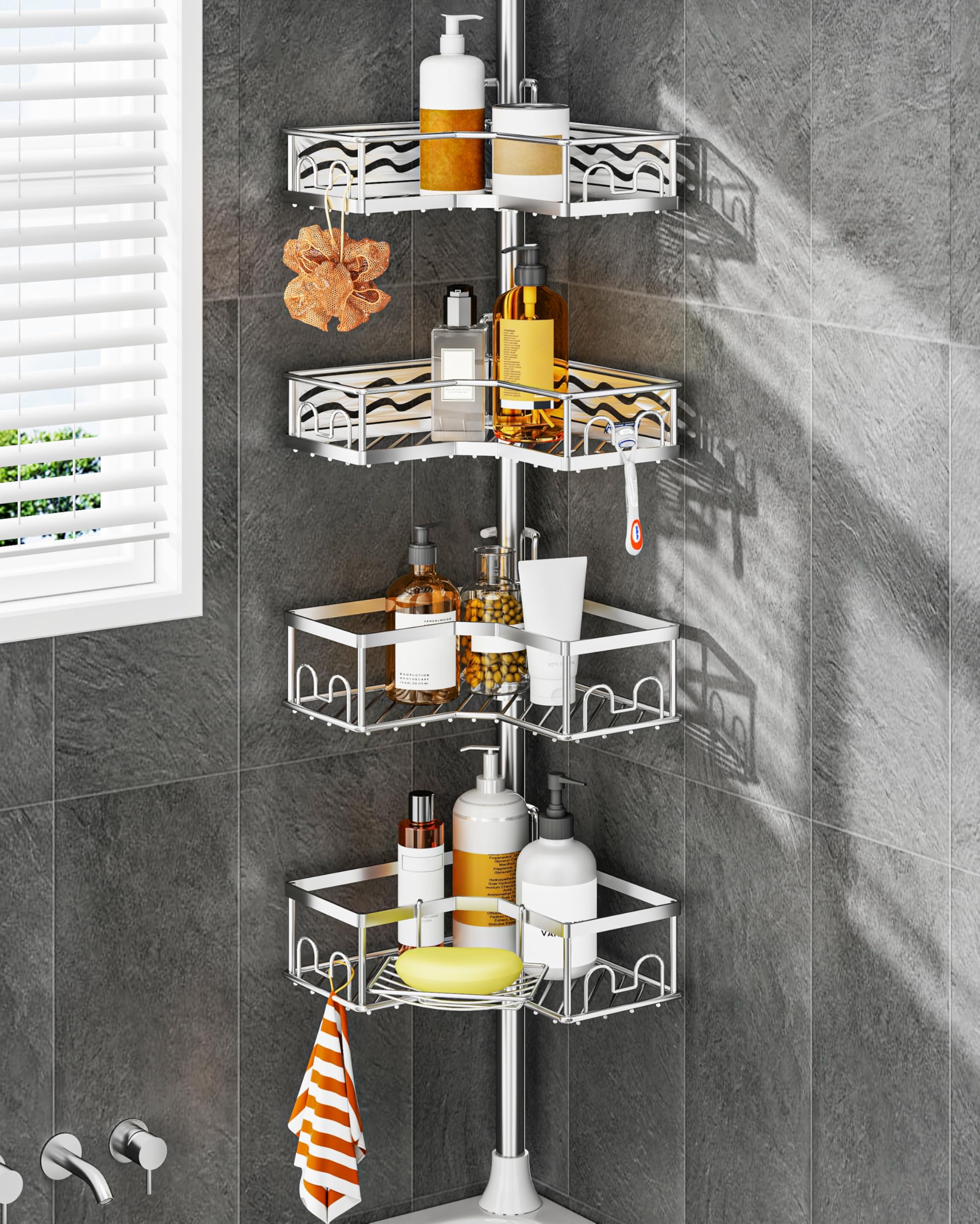 AllZONE corner shower caddy pole setup shows space-saving storage.