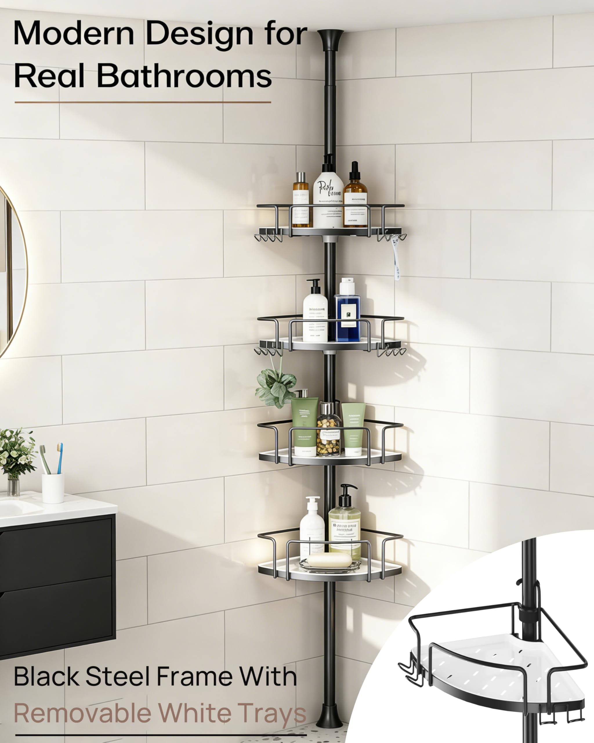 ALLZONE Corner Shower Caddy tension pole includes eight dual hooks for towels and razors.