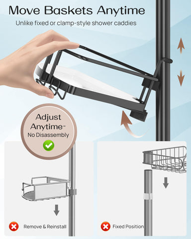 ALLZONE Corner Shower Caddy tension pole with mixed-height baskets for varying bottle sizes.