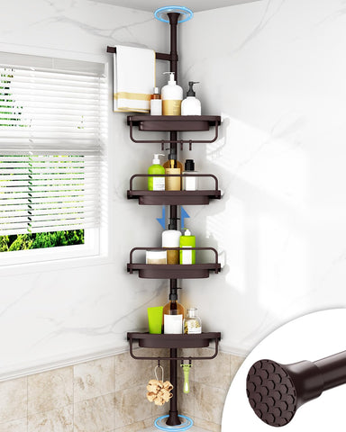 ALLZONE corner shower caddy with tension pole offers space-saving storage in bathrooms.