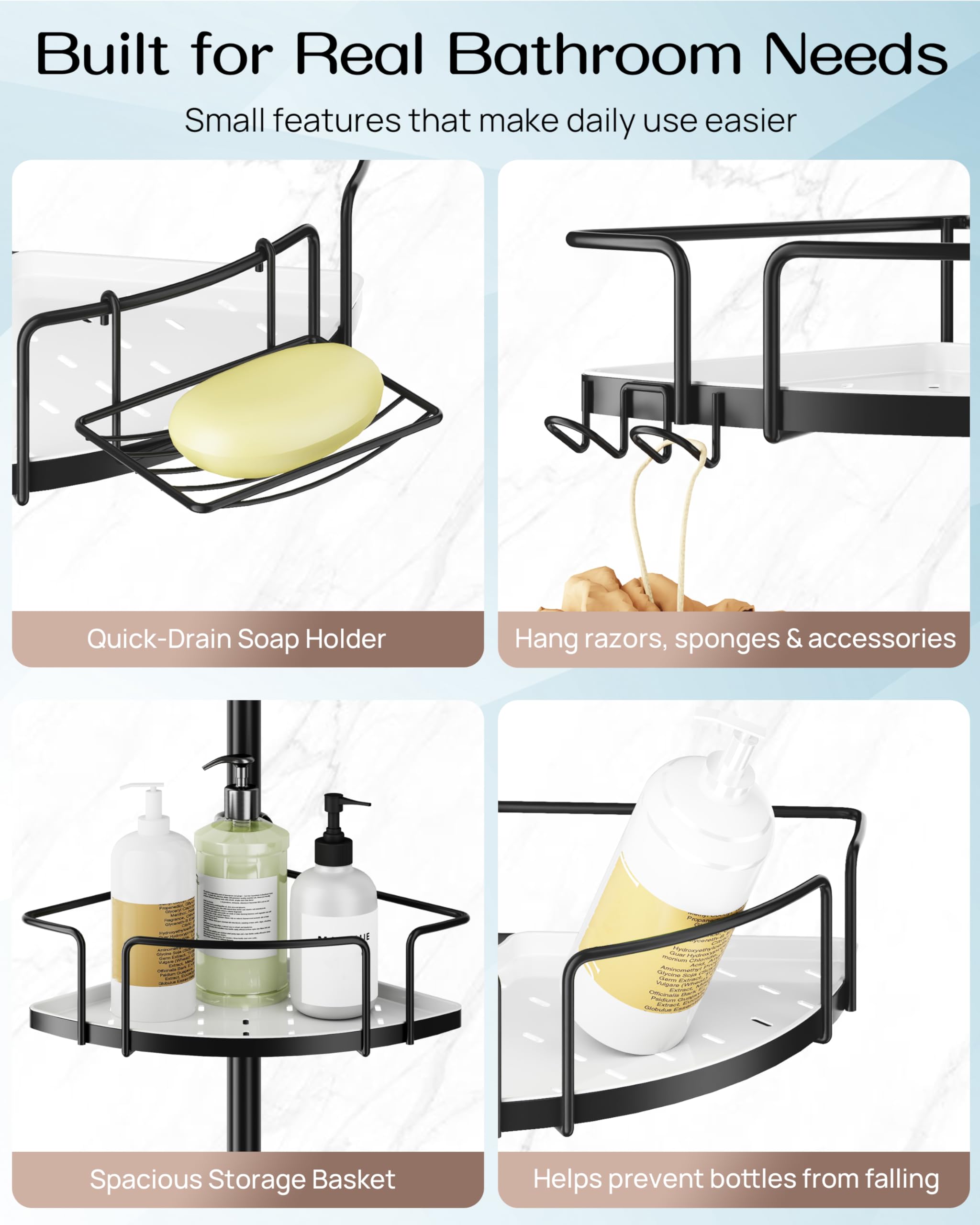 ALLZONE Corner Shower Caddy tension pole removable trays keep items level and easy to clean.