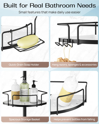 ALLZONE Corner Shower Caddy tension pole removable trays keep items level and easy to clean.