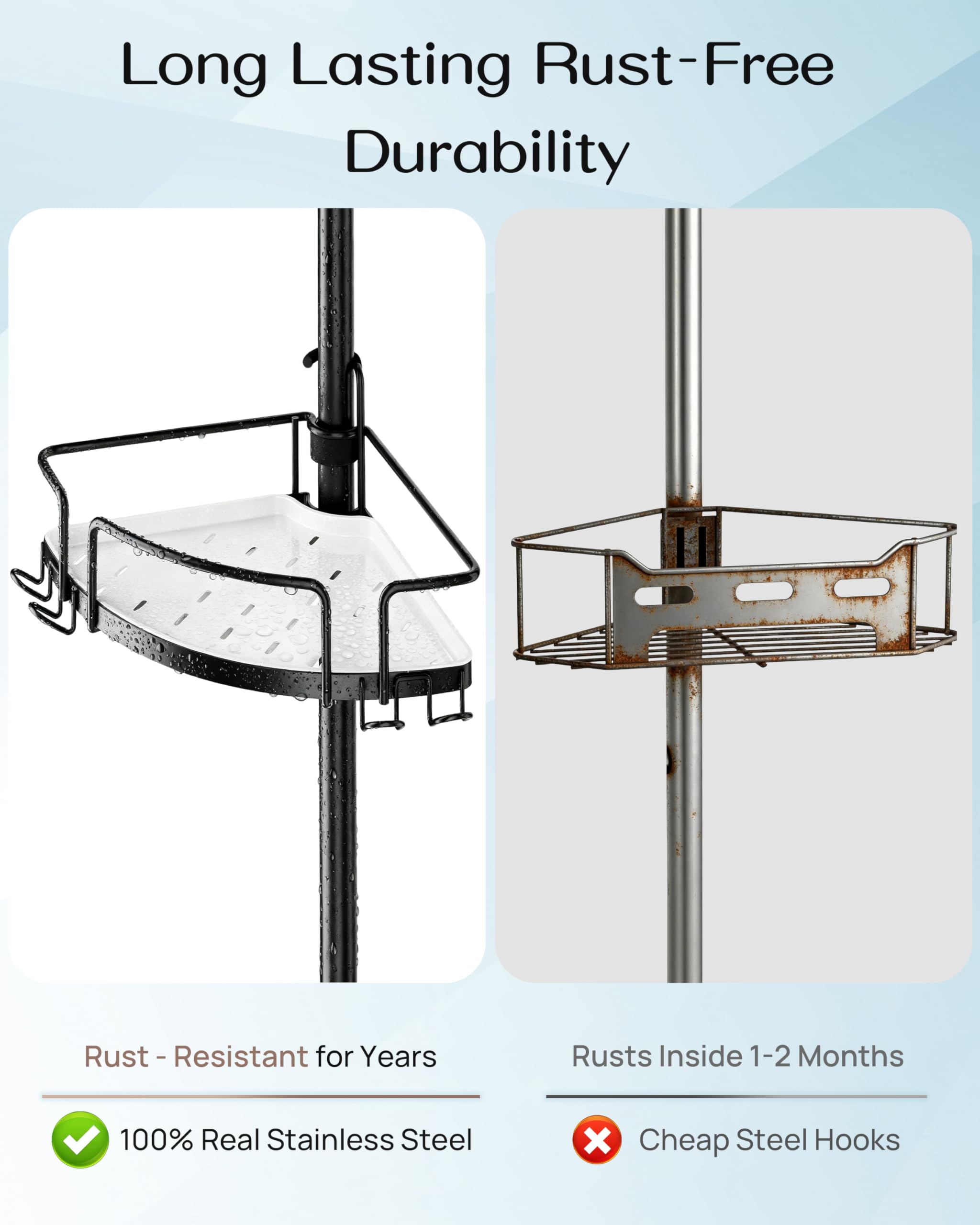 ALLZONE Corner Shower Caddy tension pole rustproof stainless steel frame resists moisture.