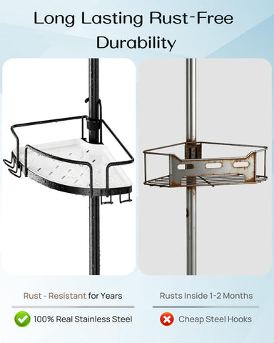 ALLZONE Corner Shower Caddy tension pole rustproof stainless steel frame resists moisture.