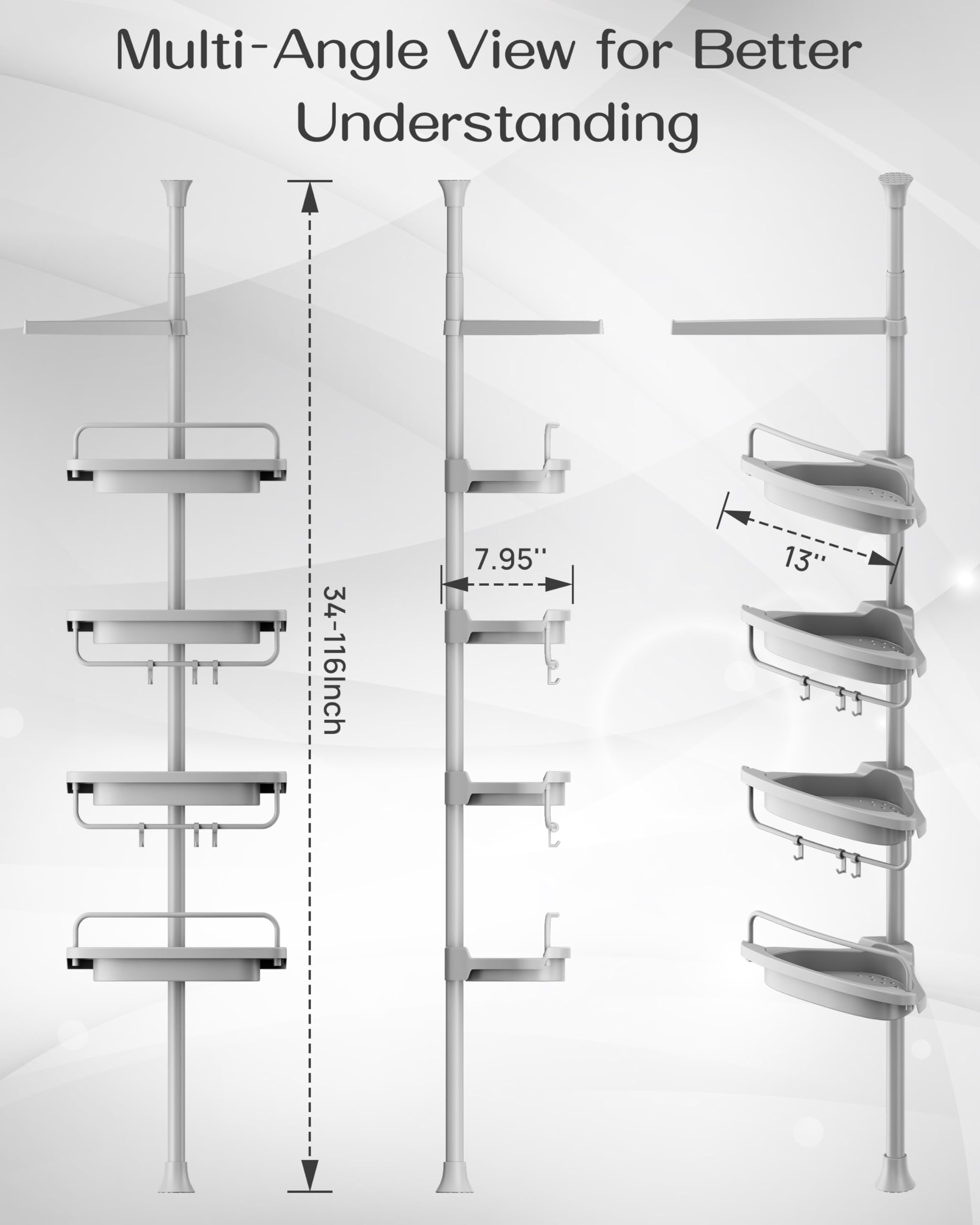 Allzone easy-clean plastic shelves simplify maintenance after showers.