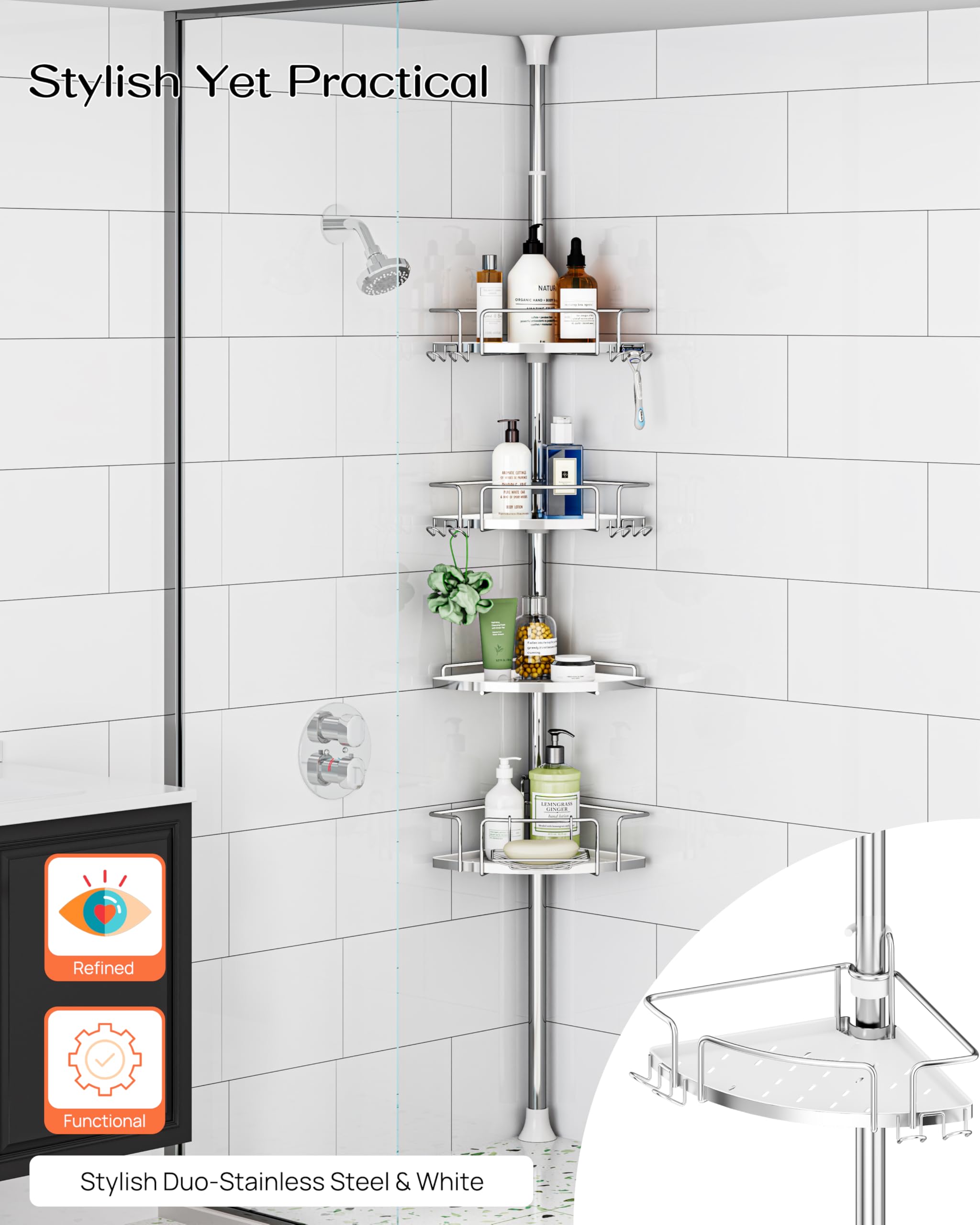 ALLZONE eight dual hooks store towels and razors within reach.