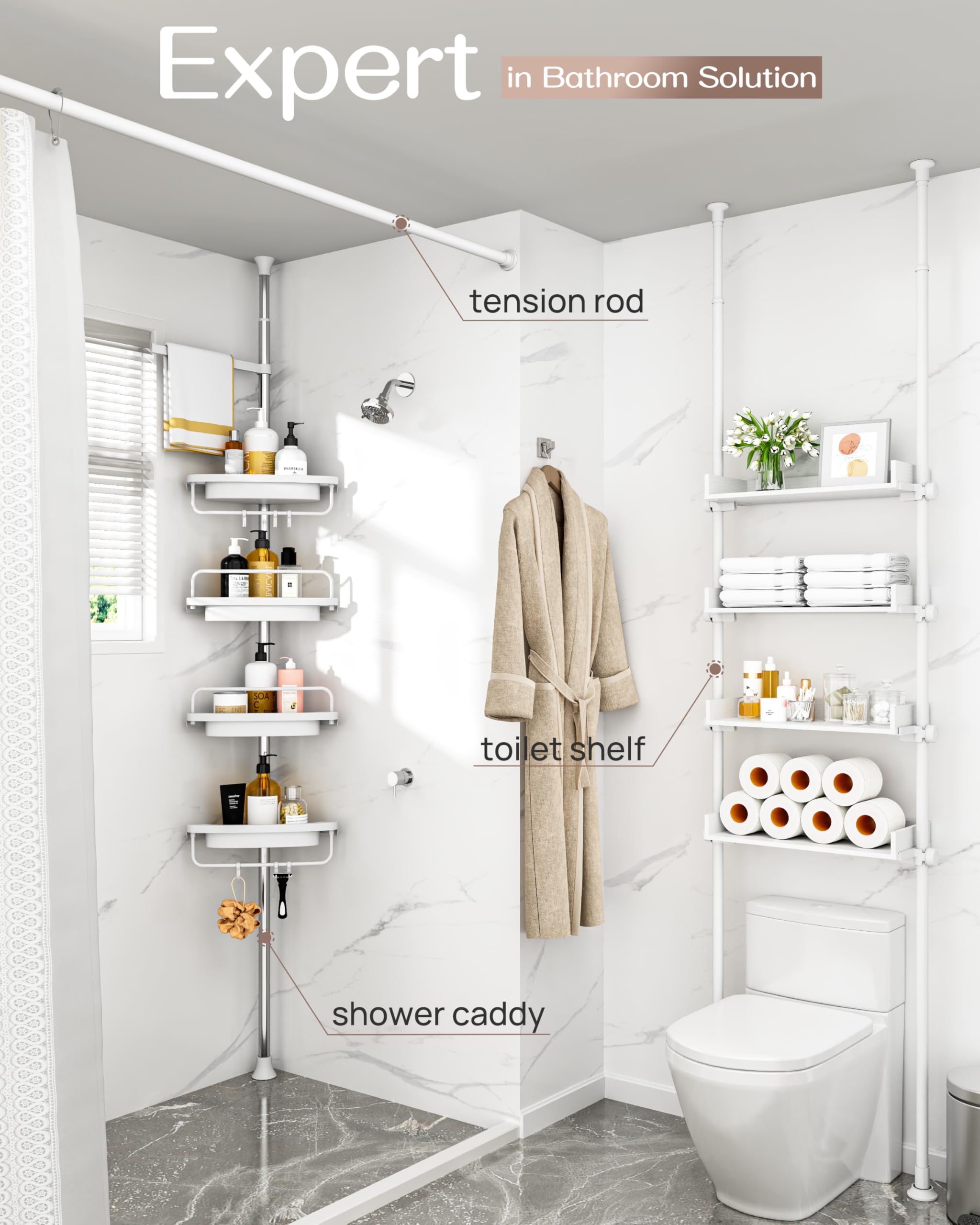 ALLZONE Extendable pole in stainless steel demonstrates rustproof durability in a compact shower