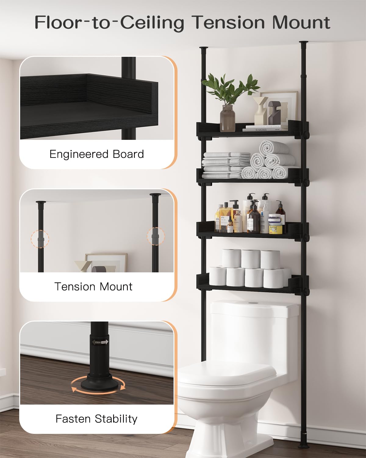 ALLZONE 4-tier open shelves holding towels and toiletries neatly