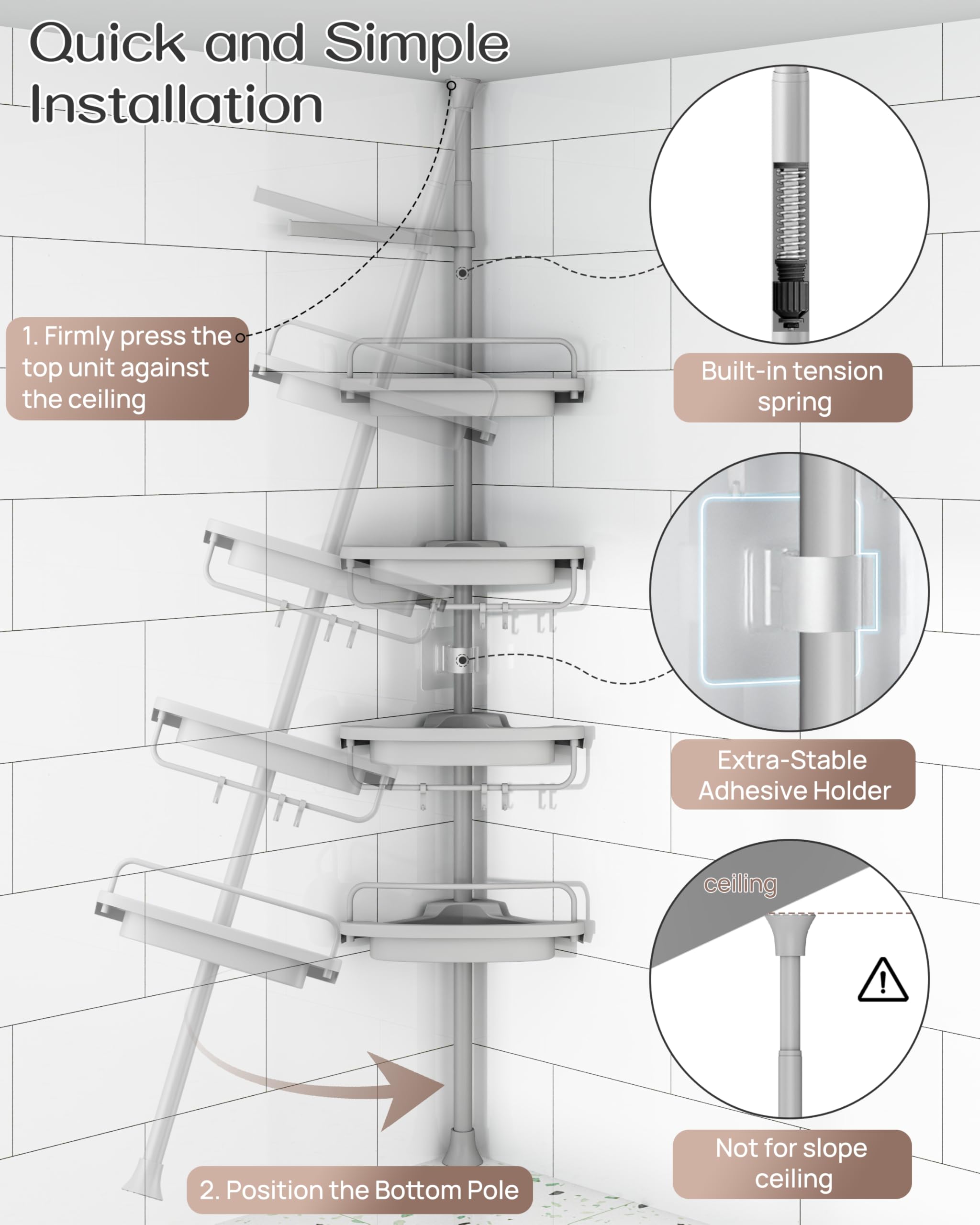 Allzone self-draining shelves prevent water buildup on shower products.