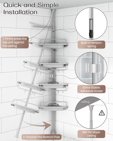 Allzone self-draining shelves prevent water buildup on shower products.
