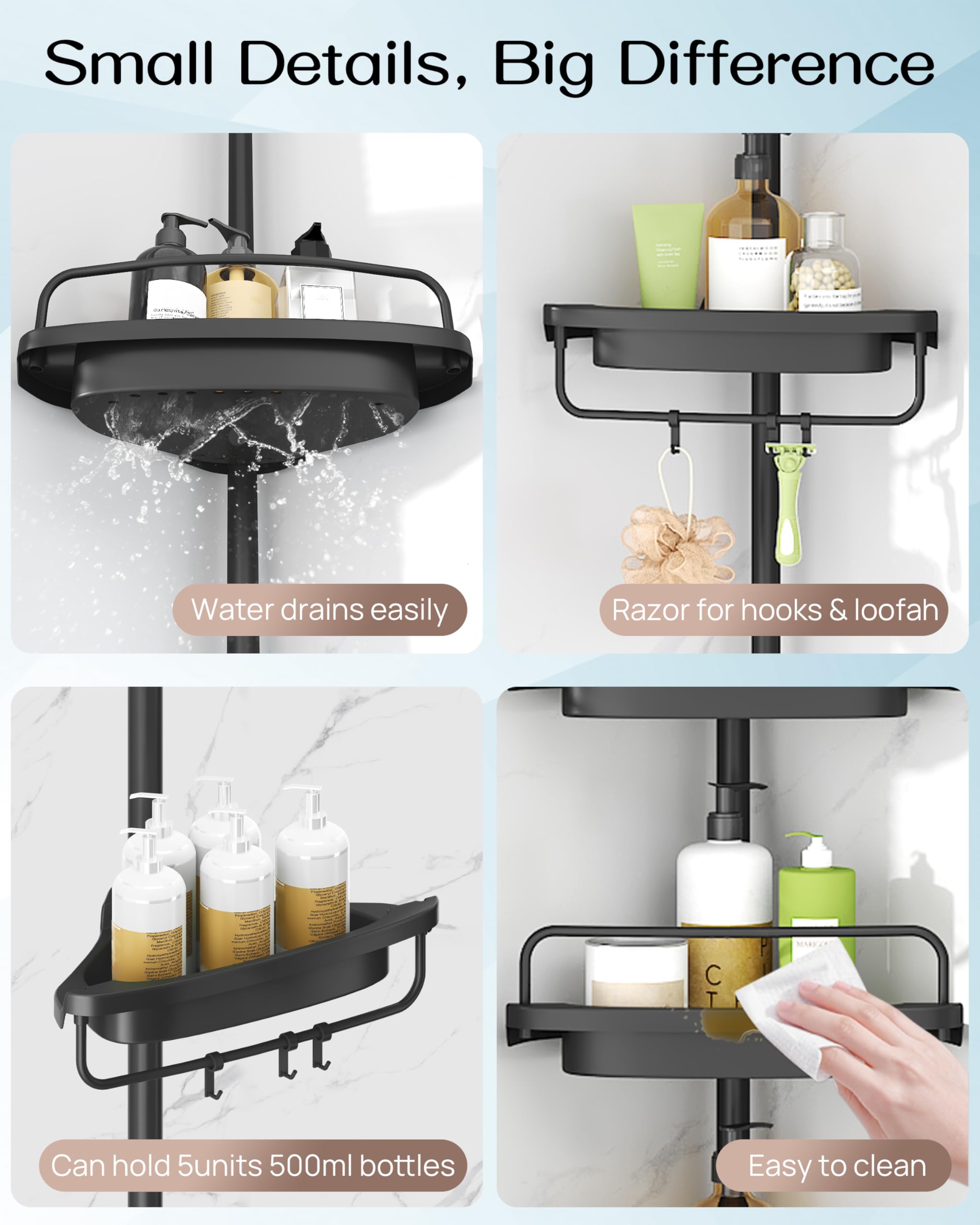 ALLZONE self-draining shelves prevent water pooling for tidy bath products