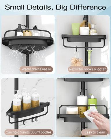 ALLZONE self-draining shelves prevent water pooling for tidy bath products