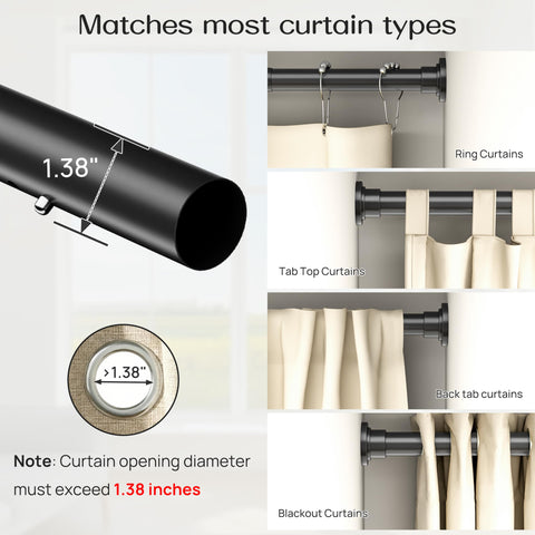 Allzone tension rod uses large rubber pads to stabilize curtains and protect walls.