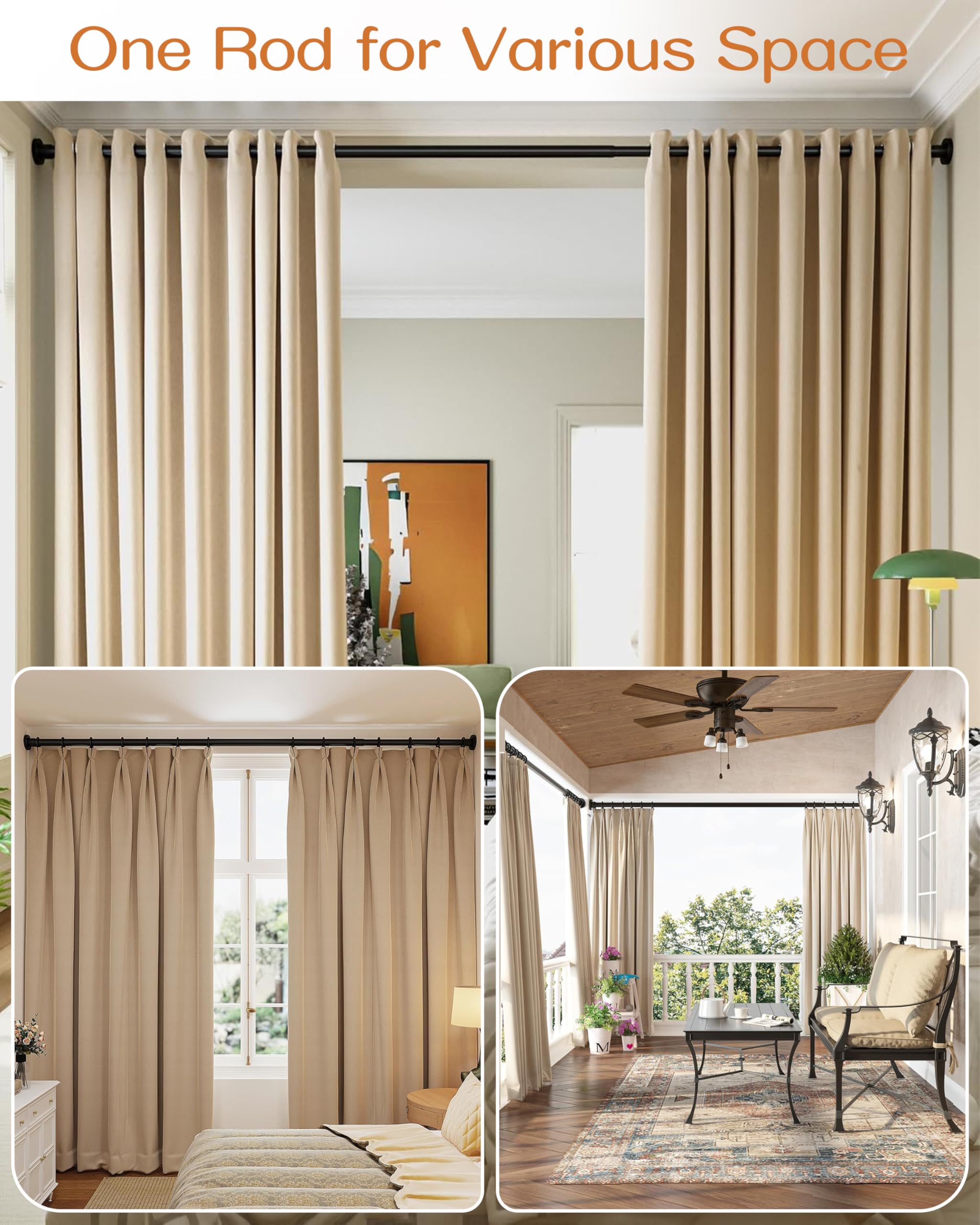 Allzone tension rod doubles as room divider or garland hanger for creative space.