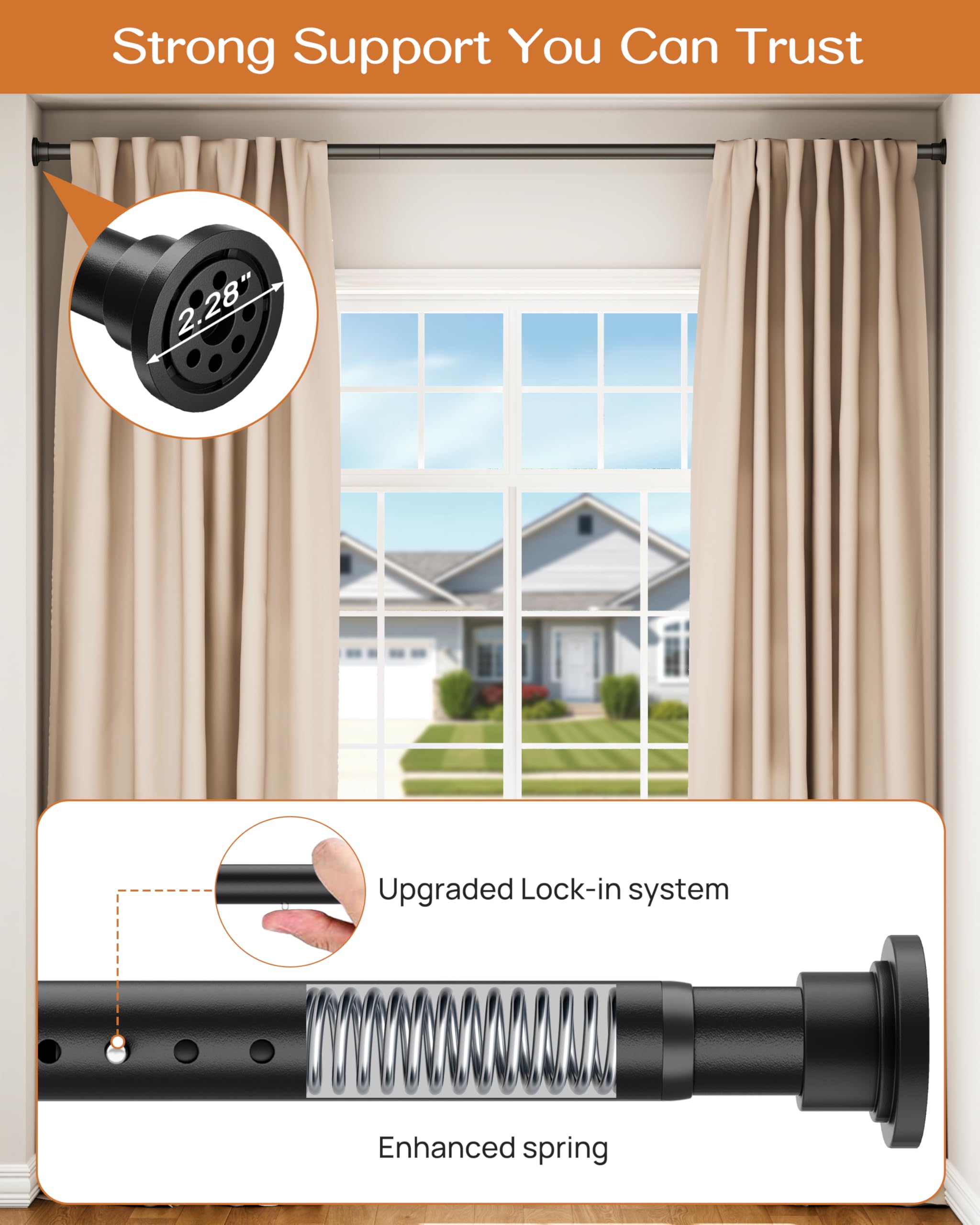 Allzone tension rod thick 1.25-inch diameter enhances load stability for heavy drapes.
