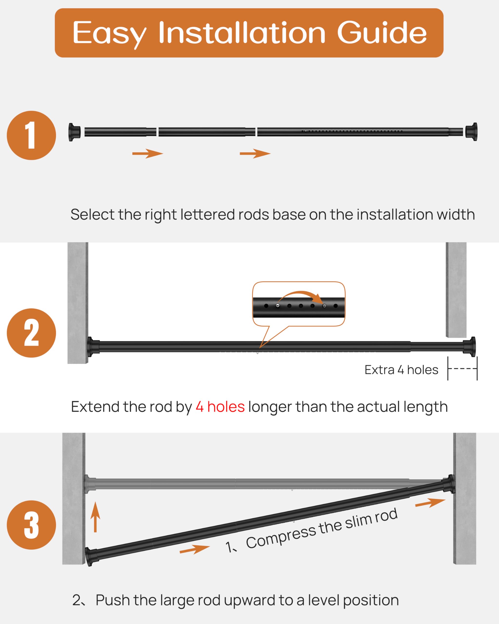 Allzone tension rod works on wallpaper, tile, glass, and wood surfaces for versatile installation.