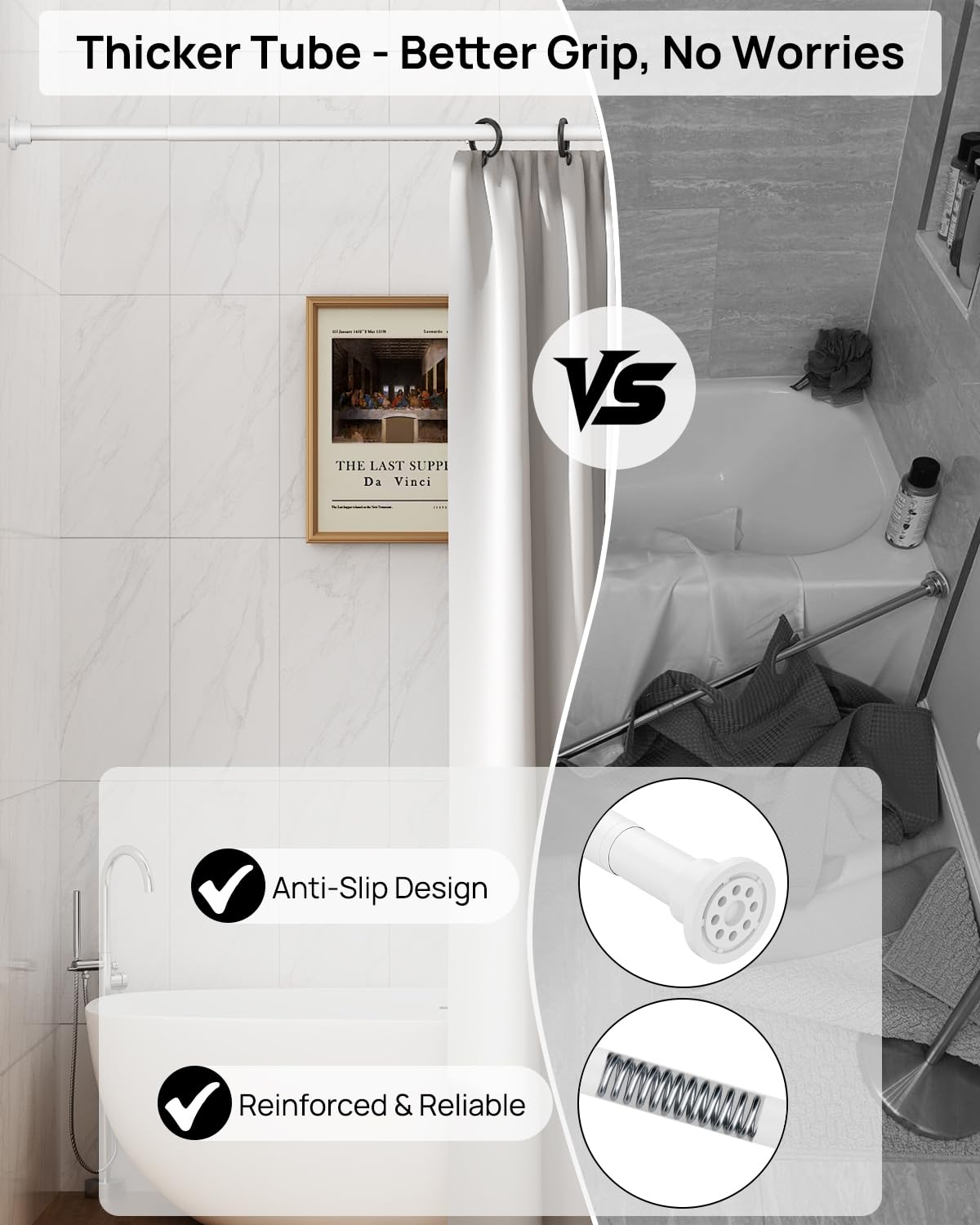 ALLZONE non-slip lock-in design prevents rod from slipping during showers.