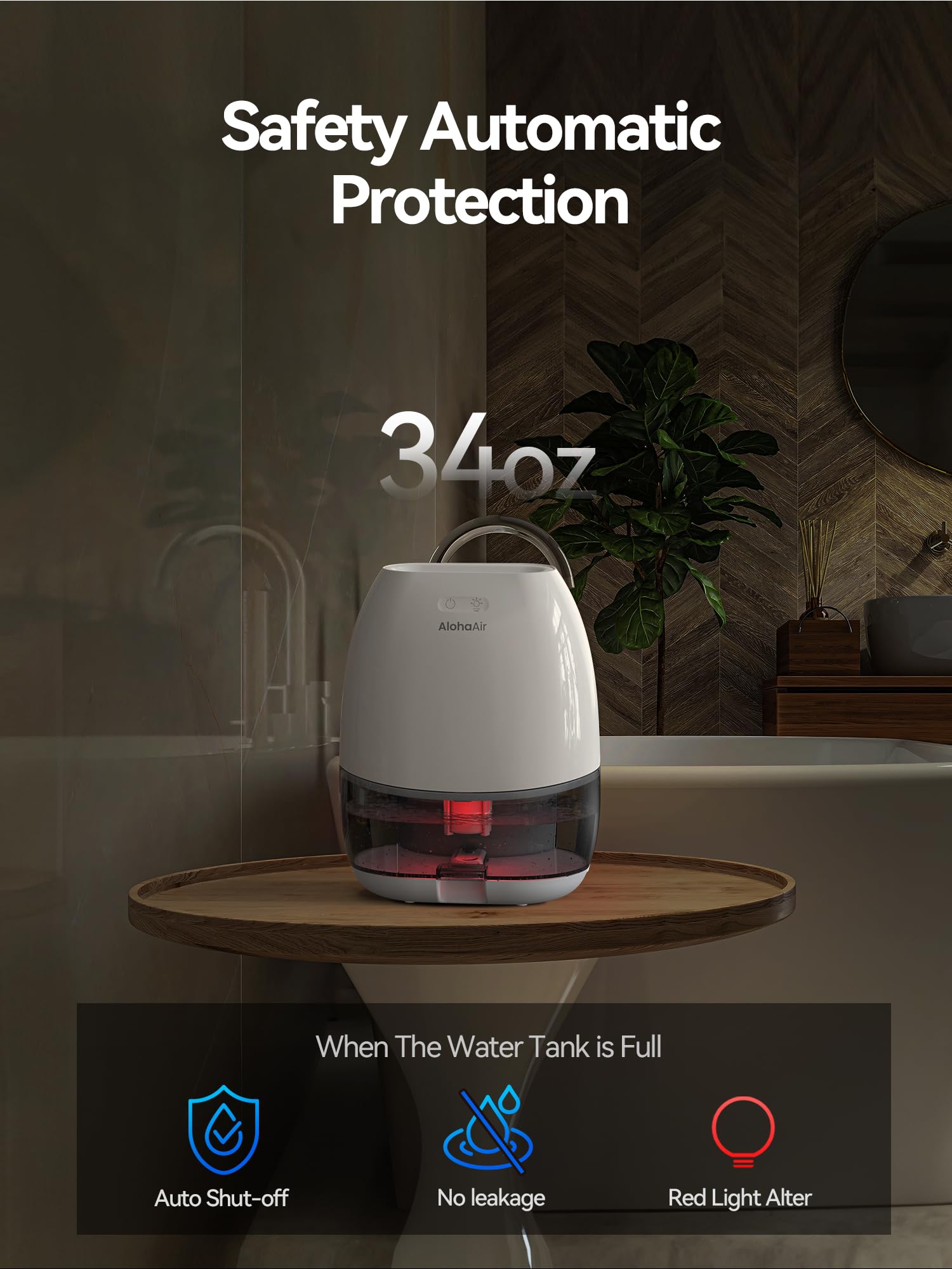 AlohaAir dehumidifier auto shut-off with red indicator