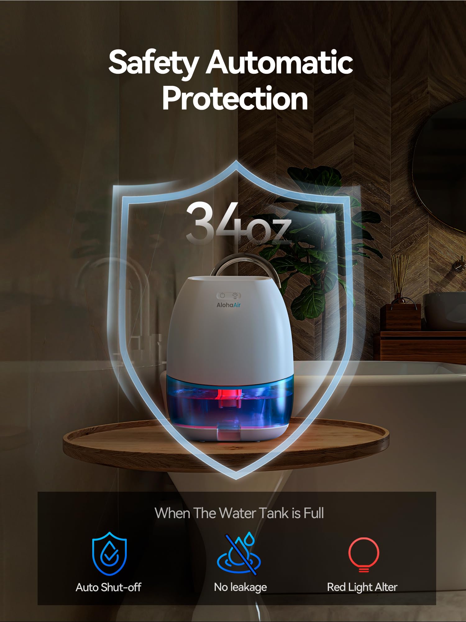 AlohaAir dehumidifier 7-color night light adds soft ambient atmosphere.
