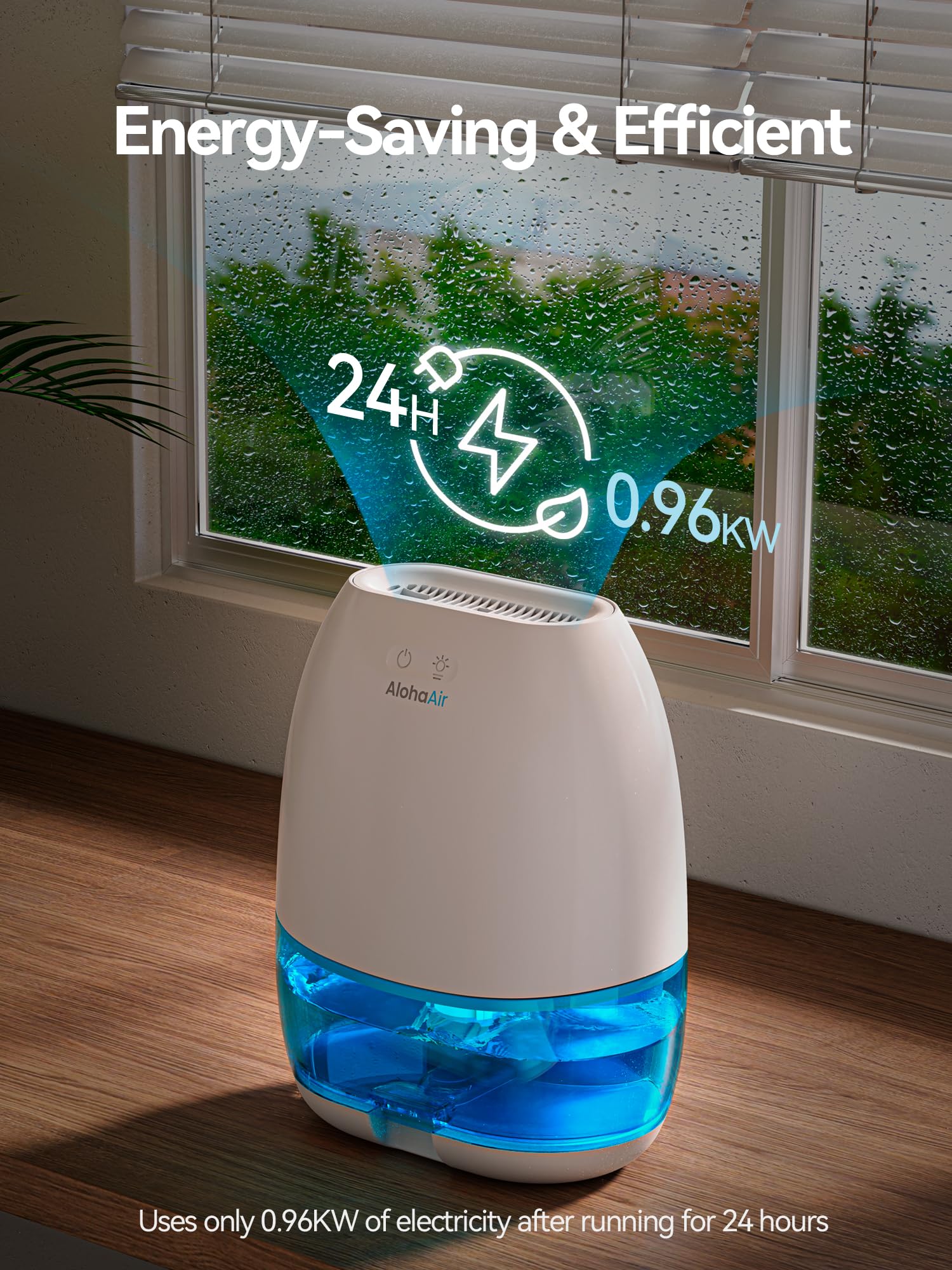 AlohaAir dehumidifier transparent water tank showing real-time water level visibility.