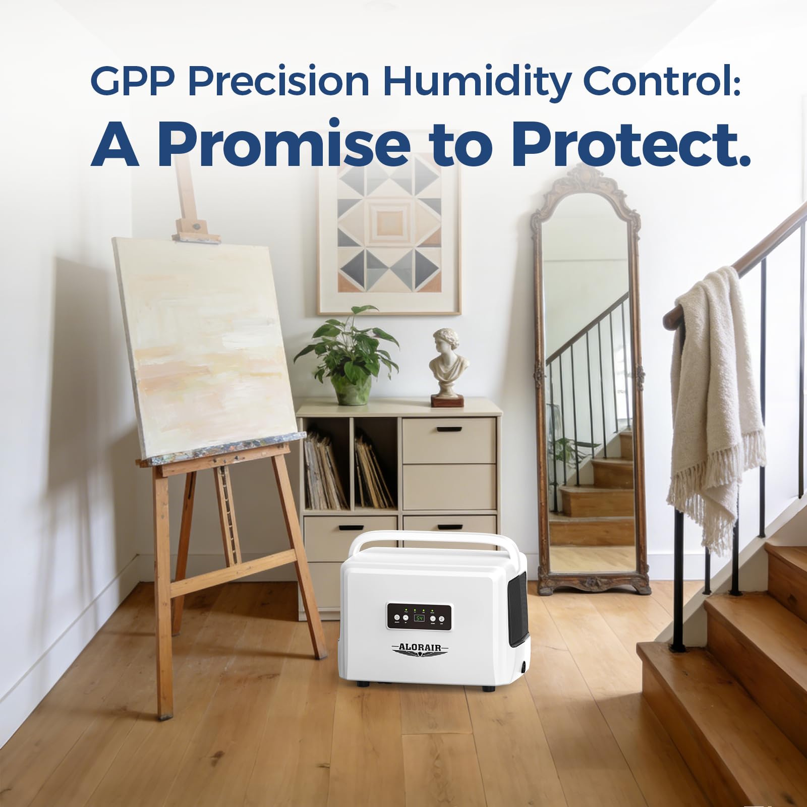 ALORAIR 70-pint crawlspace dehumidifier side view showing compact footprint