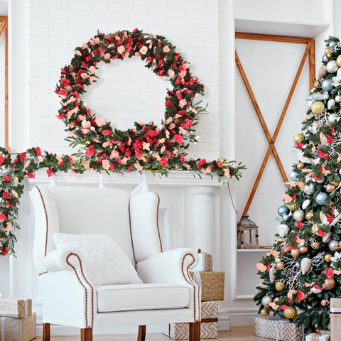 Alotiki rose garland enhances bedroom decor with soft pink tones.