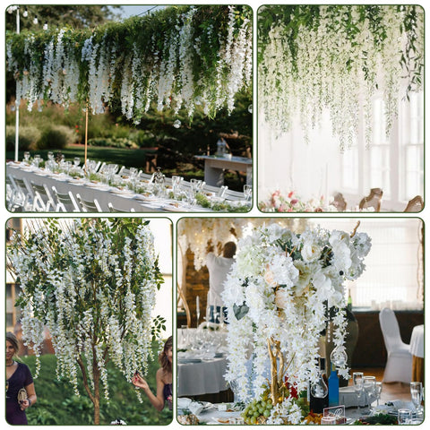 Alotiki Wisteria Hanging Flowers decorating a wedding arch for romantic ambiance.