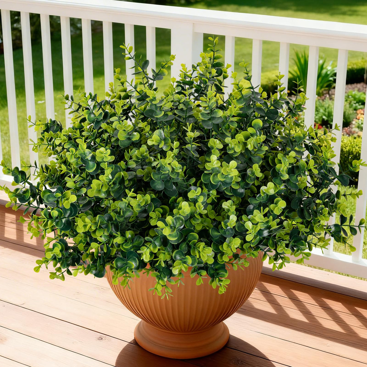 ALOXA 17-inch artificial boxwood and eucalyptus for outdoor decor with lasting color.
