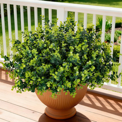 ALOXA 17-inch artificial boxwood and eucalyptus for outdoor decor with lasting color.