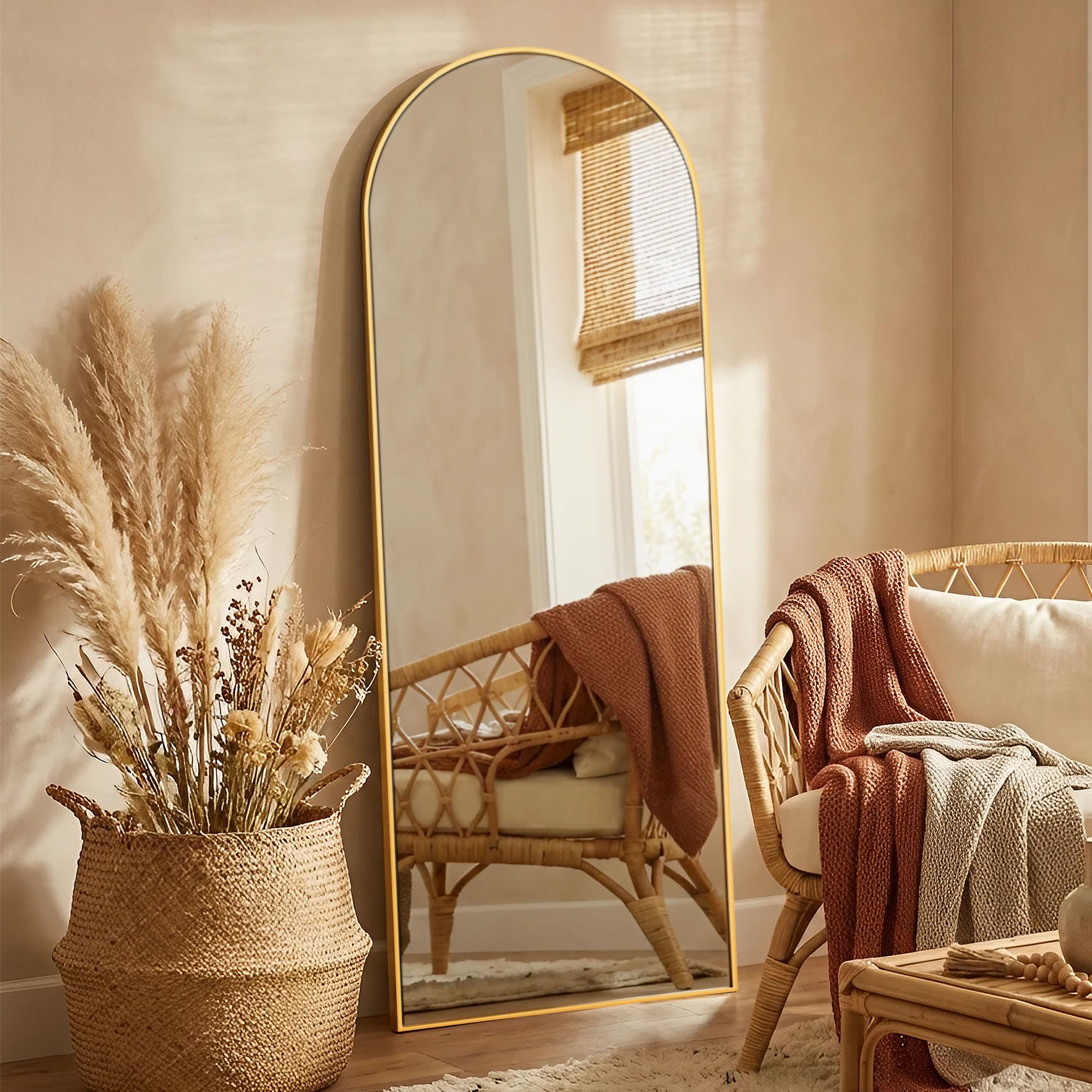 Alpen mirror full-length front view with arch gold frame, crystal-clear reflection.