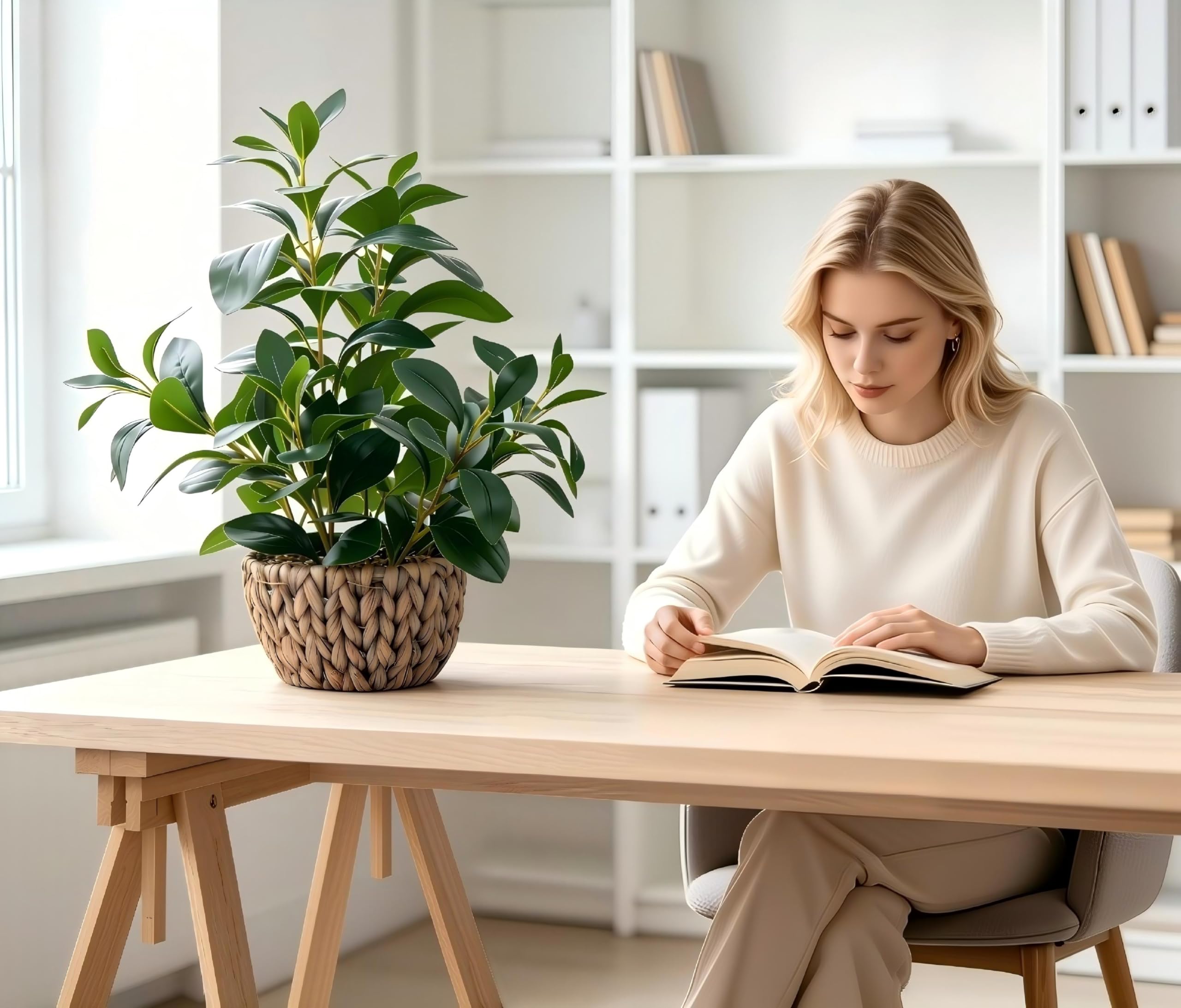 AlphaAcc Ficus on living room shelf complements modern and boho styles.
