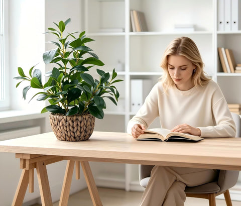 AlphaAcc Ficus on living room shelf complements modern and boho styles.