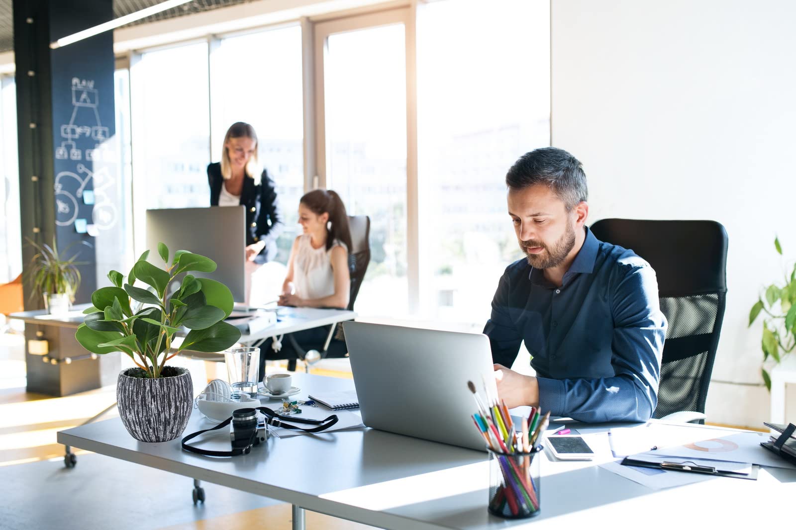 AlphaAcc desk decor setup with plant boosts office ambiance
