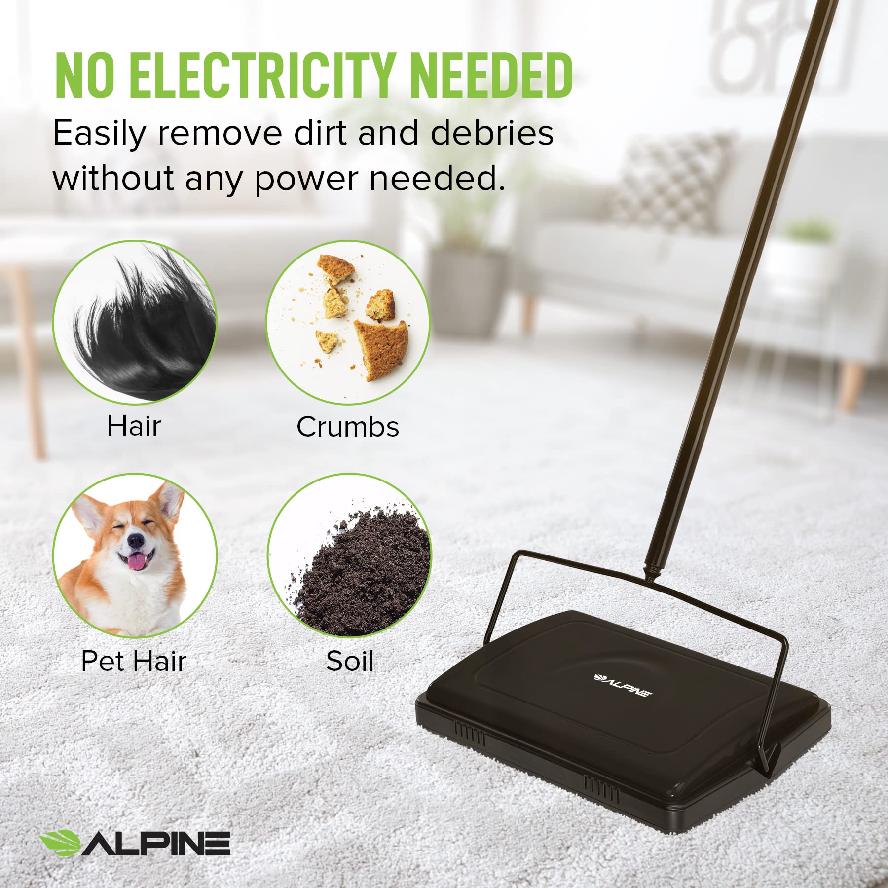 Alpine Industries cordless non-electric sweeper enables cord-free quick touch-ups around the home.