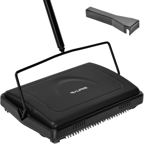 Alpine Industries manual carpet sweeper with triple brushes for fast pickup on carpets and hard floors.