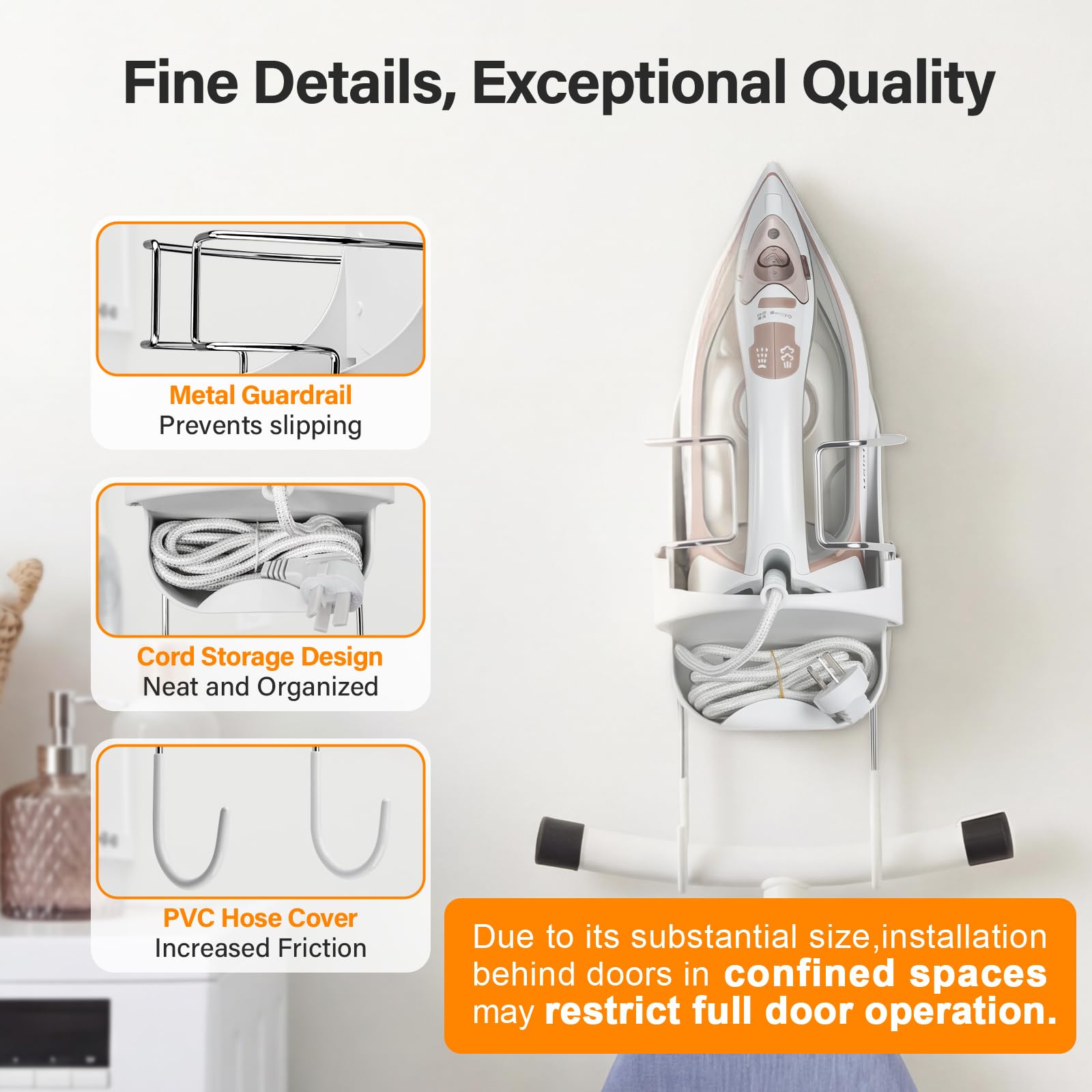Alpinista ironing board hanger fits most irons, versatile storage.