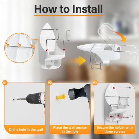 Alpinista ironing board hanger includes screws for easy mounting.