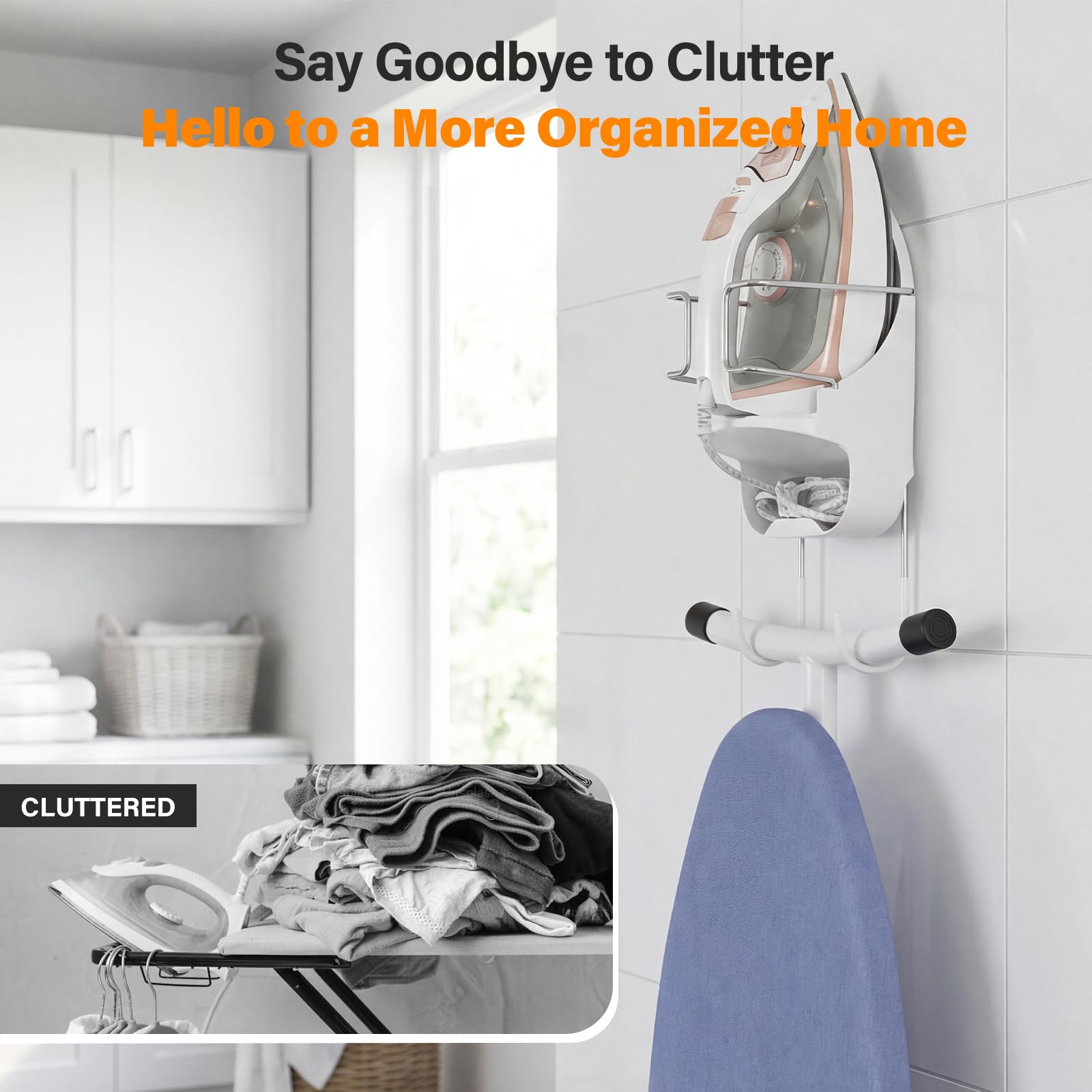 Alpinista ironing board hanger in laundry room keeps surfaces clear.